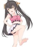  1girl absurdres barefoot black_hair black_panties commentary_request hair_ribbon hands_on_own_hips highres idolmaster idolmaster_cinderella_girls idolmaster_cinderella_girls_u149 knee_up long_hair looking_at_viewer matoba_risa meika_(gtwgtpkai) midriff open_mouth panties pink_tank_top ribbon simple_background skirt soles solo striped striped_ribbon tank_top teeth toes twintails underwear upper_teeth_only white_background white_skirt yellow_eyes 