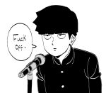  1boy ch0og0o closed_mouth commentary english_commentary english_text greyscale kageyama_shigeo long_sleeves male_focus microphone mob_psycho_100 monochrome profanity school_uniform short_hair simple_background solo speech_bubble upper_body white_background 