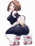  1girl ass blush blush_stickers boku_no_hero_academia breasts brown_eyes brown_hair embarrassed full_body hand_on_own_ass highres kobaji looking_at_viewer medium_breasts open_mouth short_hair simple_background solo squatting superhero teeth upper_teeth_only uraraka_ochako 