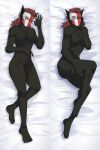  2021 anthro asymmetrical_eyes bedding bedding_background black_body black_fur breasts brown_hair crotch_tuft dakimakura_design domestic_cat ena_(series) featureless_breasts featureless_crotch felid feline felis female fur gala_bobs hair hi_res high-angle_view looking_at_viewer lying mammal mask muscular nude on_back pigtails pose shepherd_(ena) solo tuft whiskers yellow_eyes 