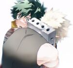  2boys armpit_peek bakugou_katsuki bandaged_arm bandages black_tank_top blonde_hair blood blood_on_bandages blood_stain blurry blush boku_no_hero_academia bright_pupils cape crying crying_with_eyes_open depth_of_field detached_sleeves eyebrows_hidden_by_hair freckles from_behind gloves green_eyes green_gloves green_hair hair_between_eyes head_down hug leaning_forward lower_teeth_only male_focus midoriya_izuku multiple_boys official_alternate_costume open_mouth orange_gloves scratched scratches sesami_dkt short_hair simple_background single_bare_shoulder sleeveless spiked_hair spoilers surprised tank_top tears teeth torn_cape torn_clothes two-tone_gloves white_background white_pupils yellow_cape 