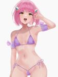  1girl :d armlet bikini breasts collarbone commentary cowboy_shot eyelashes hair_ornament hairclip hand_up highres lacey_(pokemon) looking_at_viewer medium_hair megusuri_(sznh8234) navel open_mouth pink_hair pokemon pokemon_(game) pokemon_sv purple_bikini side-tie_bikini_bottom simple_background smile solo swimsuit symbol-only_commentary teeth upper_teeth_only white_background yellow_eyes 
