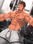  1boy abs bara beard bellsaltr biceps blue_eyes blurry blurry_background brown_hair bulge dumbbell exercise facial_hair fate/grand_order fate_(series) fingerless_gloves gloves gym gym_shorts highres large_pectorals looking_to_the_side male_focus manboobs manly mature_male muscular muscular_male napoleon_bonaparte_(fate) nipples open_mouth pectorals scar scar_on_chest short_hair shorts solo spiked_hair steaming_body sweat sweatdrop thick_arms thick_eyebrows topless_male veins 