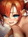  1girl bare_arms bare_shoulders blue_eyes blush boudica_(fate) breasts breath fate/grand_order fate_(series) heavy_breathing highres light_blush looking_at_viewer meme50 nude open_mouth red_hair short_hair simple_background smile tongue 