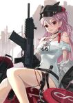  1girl ammo21204760 black_jacket black_nails breasts cleavage feet_out_of_frame fo-12_(girls&#039;_frontline) fostech_origin_12 girls&#039;_frontline gun jacket jewelry long_hair medium_breasts necklace off_shoulder pink_hair red_eyes route_66 shirt shotgun weapon white_shirt 