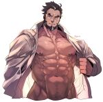  1boy abs artist_name bara bare_pectorals black_hair collared_shirt grey_hair large_pectorals looking_at_viewer male_focus multicolored_hair muscular muscular_male navel nipples open_clothes open_shirt original pectorals rybiok shirt short_hair solo two-tone_hair white_shirt 