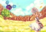  bag blonde_hair blunt_bangs cloud cloudy_sky cosmog day dress duffel_bag field flower flower_field green_eyes hat highres holding holding_bag lillie_(pokemon) long_hair looking_back looking_up open_mouth petals poke_ball_theme pokemon pokemon_(game) pokemon_following_human pokemon_sm rikurou see-through sky sleeveless sleeveless_dress sun_hat tree white_dress white_headwear yellow_flower 