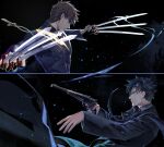  2boys black_background black_coat black_hair black_jacket black_keys_(type-moon) black_necktie brown_hair cassock coat cofffee cross cross_necklace emiya_kiritsugu fate/zero fate_(series) gun handgun jacket jewelry kotomine_kirei multiple_boys necklace necktie weapon 