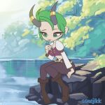  animated blizzard_entertainment boots breast_drop breasts clothing fan_character female footwear gnome gnome_(warcraft) green_eyes green_hair hair horn horned_humanoid humanoid looking_at_viewer mammal nipples not_furry solo ssnejikk warcraft 