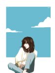  1girl blue_pants border brown_eyes brown_hair closed_mouth cloud dated deerwhisky highres long_sleeves medium_hair original outside_border pants puffy_sleeves sitting solo sweater white_border white_sweater 