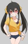  1girl ahoge black_hair camisole coffee collarbone crop_top doragofu grin hair_between_eyes highres idolmaster idolmaster_cinderella_girls jewelry long_hair matoba_risa navel necklace short_shorts shorts sidelocks simple_background smile sunglasses teeth thigh_gap twintails yellow_eyes 