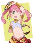  1girl ;d arm_up armlet armpits bubukka copyright_request earrings female_child flat_chest green_background green_eyes holding holding_instrument instrument jewelry looking_at_viewer navel one_eye_closed open_mouth pink_hair short_hair smile solo stomach twintails two-tone_background white_background 