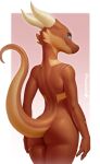  ambiguous_gender anthro blue_eyes brown_body brown_scales butt female_(lore) hi_res horn kobold looking_at_viewer looking_back looking_back_at_viewer nude rear_view scales scar solo standing w4g4 