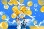  2boys :d ^_^ absurdres arms_up balloon bird black_ribbon black_shirt black_shorts blue_sky blunt_ends bridal_gauntlets chinese_commentary closed_eyes closed_mouth cloud commentary_request confetti cowboy_shot day dual_persona genshin_impact hair_between_eyes hand_on_own_hip happy heart heart_balloon highres jacket japanese_clothes kimono long_sleeves looking_at_another male_focus multiple_boys open_clothes open_jacket open_mouth outdoors parted_bangs pom_pom_(clothes) purple_eyes purple_hair purple_kimono purple_sash railing red_ribbon ribbon sash scaramouche_(genshin_impact) scaramouche_(kabukimono)_(genshin_impact) shirt short_hair short_sleeves shorts sidelocks sky smile standing star_(symbol) star_balloon turtleneck vest vision_(genshin_impact) wanderer_(genshin_impact) white_jacket white_vest xinxi97251086 