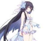  1girl arms_behind_back bare_arms bare_shoulders bikini black_hair blue_bow blue_flower blue_hair bow closed_mouth commentary_request flower frilled_bikini frills gradient_bow grey_eyes hair_between_eyes hair_flower hair_ornament highres honkai_(series) honkai_impact_3rd kaede-san_(teriri_kaede) light_smile looking_at_viewer multicolored_hair navel pink_bow seele_vollerei seele_vollerei_(herrscher_of_rebirth) simple_background solo standing swimsuit two-tone_hair white_background white_bikini 