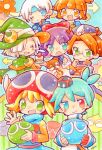  3girls 4boys aged_down amitie_(puyopuyo) arle_nadja arrow_(symbol) blonde_hair blue_background blue_eyes blue_hair brown_hair closed_eyes feli_(puyopuyo) flower green_eyes grey_hair hat heterochromia hurin1192 klug_(puyopuyo) lemres_(puyopuyo) looking_at_viewer multiple_boys multiple_girls multiple_others purple_hair puyo_(puyopuyo) puyopuyo puyopuyo_7 red_hair schezo_wegey sig_(puyopuyo) smile wizard_hat yellow_eyes 