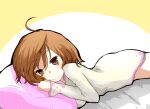  1girl ahoge ass breasts brown_eyes brown_hair closed_mouth commentary_request dress feet_out_of_frame floral_print from_side hair_between_eyes i.u.y light_blush long_sleeves looking_at_viewer lying medium_breasts medium_hair misaka_worst no_pants on_bed on_stomach pillow smile solo thighs toaru_majutsu_no_index toaru_majutsu_no_index:_new_testament vietnamese_dress white_dress 