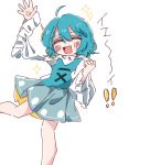  ! !! 1girl absurdres ahoge blue_hair copyright_request highres light_blue_hair salt_(seasoning) skirt smile solo sparkle tatara_kogasa touhou waving_hands white_background 