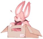  ambiguous_gender aster_(nu:_carnival) bat big_ears box cardboard cardboard_box chibi container exclamation_point feral hair hair_over_eye in_box in_container kemono loyaldis mammal neck_bow nu:_carnival one_eye_obstructed pink_nose red_eyes solo wing_claws 