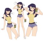  artist_name beer_can belt black_belt blush breasts can closed_mouth denim denim_shorts drunk full_body happy highres holding holding_can katsuragi_misato legs neon_genesis_evangelion netapai1 open_mouth purple_hair shorts simple_background variations white_background 