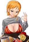  1girl absurdres breast_rest breasts brown_eyes burger clothes_lift cosplay cup disposable_cup drink elpipe_3000 food french_fries highres holding holding_tray ketchup large_breasts mcdonald&#039;s mother_(yoru_mac) nami_(one_piece) one_piece orange_hair shirt_lift short_hair solo tray yoru_mac 