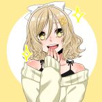  1girl alphabet alphabet_lore blonde_hair bow flurrysnowgirl harrymations humanization looking_at_viewer picrew russian_alpahbet_lore smile white_bow yellow_and_white_background yellow_eyes 