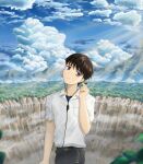  1boy absurdres adjusting_earphones black_pants blue_sky brown_hair closed_mouth cloud cloudy_sky day earphones highres ikari_shinji lai_charles looking_to_the_side mountain neon_genesis_evangelion outdoors pants scenery school_uniform shirt short_hair short_sleeves sky solo white_shirt 