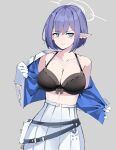  1girl absurdres aoi_(blue_archive) belt black_bow blue_archive blue_eyes bow breasts cleavage clenched_teeth collarbone commentary ear_piercing gar32 gloves halo high-waist_pants highres large_breasts long_sleeves looking_at_viewer mole mole_under_eye open_mouth pants piercing pointy_ears pouch purple_hair shirt short_hair sidelocks skirt solo teeth undressing upper_body white_gloves white_pants white_skirt 
