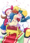  2girls absurdres blue_hair blue_overalls blush bow brown_hair cabbie_hat closed_eyes crown cyndaquil floral_background hat hat_bow hat_ribbon highres kiss kneehighs kris_(pokemon) lyra_(pokemon) multiple_girls overalls pokemon pokemon_(game) pokemon_gsc pokemon_hgss red_ribbon ribbon sheyona shorts simple_background socks sweatdrop throne yellow_shorts 