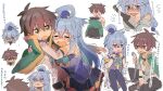  1boy 1girl absurdres angry aqua_(konosuba) arms_around_neck blue_eyes blue_footwear blue_hair blue_shirt blue_skirt blush boots bow brown_hair crying detached_sleeves drunk eating green_bow green_eyes green_jacket hair_ornament hair_rings hand_on_another&#039;s_neck highres jacket kono_subarashii_sekai_ni_shukufuku_wo! long_hair looking_at_another looking_at_viewer open_mouth pekeheihou satou_kazuma shirt short_hair simple_background single_hair_ring skirt thighhighs thighhighs_under_boots 