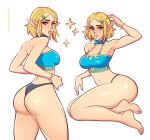  2023 big_butt blonde_hair blue_eyes bracelet breasts butt clothing collar digit_ring ear_piercing ear_ring eyebrows eyelashes feet female glistening glistening_body glistening_butt glistening_skin hair humanoid humanoid_pointy_ears hylian jewelry kneeling looking_at_viewer looking_back looking_back_at_viewer medium_breasts navel nintendo not_furry panties piercing princess_zelda ring ring_piercing short_hair solo sparkles the_legend_of_zelda toe_ring toksie topwear tube_top underwear 