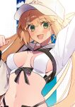  1girl absurdres artoria_caster_(fate) artoria_caster_(swimsuit)_(fate) artoria_pendragon_(fate) baseball_cap bikini blonde_hair blush breasts cleavage cropped_jacket fate/grand_order fate_(series) green_eyes hat highres jacket long_hair long_sleeves looking_at_viewer medium_breasts navel open_mouth shrug_(clothing) solo swimsuit twintails uxco0 white_bikini white_headwear white_jacket 