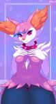  2023 5_fingers absurd_res anthro braixen breasts canid canine collar covering covering_breasts digital_drawing_(artwork) digital_media_(artwork) female fingers fur generation_6_pokemon genitals hi_res inner_ear_fluff jose-497 looking_at_viewer makeup mammal nintendo nude pink_body pink_fur pokemon pokemon_(species) pussy signature simple_background smile solo spiked_collar spikes thick_thighs tuft wide_hips 