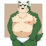  anthro bandanna belly blush briefs canid canine canis clothing domestic_dog eyebrows fur green_body green_fur hi_res kerchief lifewonders live_a_hero male mammal mokdai navel nipples overweight solo thick_eyebrows tighty_whities underwear white_briefs white_clothing white_underwear yaki_atsuage 