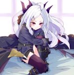  1girl black_horns blue_archive blush closed_mouth demon_horns grey_hair highres hina_(blue_archive) horns long_hair mosuke1221 multiple_horns parted_bangs purple_eyes smile solo very_long_hair 