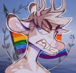  anthro antlers athens_(heresvix) blue_background brown_body brown_fur brown_hair clenched_teeth deer fangs fur hair half-closed_eyes heresvix hi_res highlights_(coloring) horn lgbt_pride male mammal markings narrowed_eyes pride_color_flag pride_colors rainbow_pride_colors rainbow_symbol simple_background solo spots spotted_body spotted_fur spotted_markings teeth white_body white_fur white_highlights white_spots 