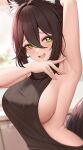  1girl absurdres animal_ears arayuki_(sakurafubuki) arm_up armpits backless_dress backless_outfit bare_shoulders blush breasts brown_dress brown_hair dress fox_ears fox_girl green_eyes highres honkai:_star_rail honkai_(series) large_breasts looking_at_viewer meme_attire open_mouth short_hair sideboob smile solo sweater sweater_dress tingyun_(honkai:_star_rail) turtleneck virgin_killer_sweater 