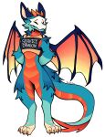  absurd_res anthro claws clothing doodlejuni dragon eyes_closed flat_colors fur furred_dragon hands_behind_back hi_res horn male markings mask neck_tuft scales scalie service_animal smile solo spread_wings standing topwear tuft vest wings 