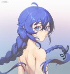  1girl absurdres ahoge back blue_eyes blue_hair braid breasts closed_mouth crossed_bangs from_behind gradient_background hair_censor highres kaqkaq long_braid long_hair looking_at_viewer looking_back mushoku_tensei nude roxy_migurdia signature small_breasts solo twin_braids upper_body 