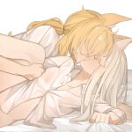  2girls animal_ears arknights blonde_hair breasts highres horse_ears horse_tail kiss leg_lift long_hair lying multiple_girls naked_shirt nearl_(arknights) on_side out-of-frame_censoring partially_unbuttoned platinum_(arknights) ponytail quanx70909457 see-through shirt simple_background small_breasts tail white_background white_shirt yuri 