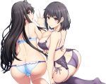 2girls absurdres ahoge all_fours ass back black_hair blue_bra blue_eyes blue_panties bra breasts cameltoe commentary_request from_above from_behind highres inanaki_shiki large_breasts lingerie long_hair looking_at_viewer looking_back looking_up multiple_girls panties purple_bra purple_eyes purple_panties short_hair siblings simple_background sisters small_breasts sweat underwear underwear_only white_background yahari_ore_no_seishun_lovecome_wa_machigatteiru. yukinoshita_haruno yukinoshita_yukino 
