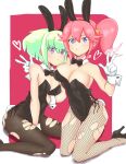  1boy 1girl :&lt; aina_ardebit animal_ears black_bow black_bowtie black_leotard blue_eyes border bow bowtie breasts bunny_day cleavage commentary_request detached_collar double_v fake_animal_ears fake_tail fishnets gloves green_hair high_heels highres kneeling large_breasts leotard lio_fotia male_playboy_bunny otoko_no_ko pantyhose pink_background pink_eyes pink_hair playboy_bunny promare short_hair side-tie_leotard side_ponytail strapless strapless_leotard tail thighs torn_clothes torn_pantyhose user_ksur8455 v variant_set white_border white_gloves wrist_cuffs 