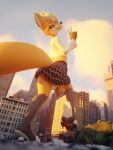  2022 3:4 3d_(artwork) 4_toes absurd_res anthro balls black_pawpads blender_(software) bottomwear building canid canine city claws clothed clothing cloud digital_media_(artwork) feet fox genitals girly hi_res logan_grey looking_back mammal midriff no_underwear pattern_bottomwear pattern_clothing pattern_skirt pawpads penis perspective_shot plantigrade rileyfoxxo skirt sky skyscraper smile toe_claws toes topwear underpaw 