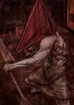  1boy abs gloves helmet holding male_focus monster_boy muscular muscular_male no_humans pectorals pyramid_head silent_hill_(series) silent_hill_2 solo stairs sword topless_male weapon 