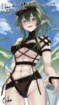  1girl :d abs absurdres arknights bare_shoulders bikini black_bikini black_headwear blue_sky breasts cloud commentary_request covered_nipples cup dated day drinking_straw from_below gavial_(arknights) green_hair groin hair_between_eyes hand_on_own_hip highres holding holding_cup long_hair looking_at_viewer looking_down medium_breasts navel ochako_(kemomimiochanu) one-hour_drawing_challenge orange_eyes outdoors pointy_ears ponytail sky smile solo swimsuit underboob very_long_hair visor_cap 