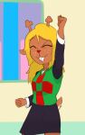  anthro blonde_hair buckteeth checkered_clothing clothing dancing deer deltarune doe_with_antlers eyes_closed female freckles hair hi_res hitsuji mammal noelle_holiday pattern_clothing red_nose simple_background solo teeth undertale_(series) 