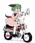  1girl animal_ears dog_ears dress fang full_body green_eyes green_hair highres kasodani_kyouko megaphone motor_vehicle motorcycle open_mouth orientalzenzai pink_dress short_hair simple_background solo tail touhou white_background 