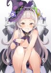  1girl arou_(arrow_x666) bikini blush bracelet breasts chair collarbone grey_hair grin hair_bun hairband hat highres hololive jewelry long_hair looking_at_viewer murasaki_shion murasaki_shion_(3rd_costume) nipples sitting small_breasts smile solo swimsuit virtual_youtuber witch_hat yellow_eyes 