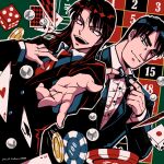  2boys ace_of_hearts ace_of_spades adjusting_bowtie artist_name black_bow black_bowtie black_eyes black_hair black_jacket bow bowtie buttons card closed_mouth collared_shirt commentary dated dice dutch_angle earrings formal heart highres ichijou_seiya jacket jewelry kaiji long_hair looking_at_viewer male_focus medium_bangs multiple_boys murakami_tamotsu necktie open_mouth pachinko_ball playing_card poker_chip reaching reaching_towards_viewer red_hair red_necktie roulette_table shirt short_hair smile spade_(shape) suit table unknown03162 upper_body white_shirt 