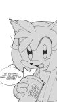  1girl :d amy_rose animal_ears animal_nose body_fur breasts cup dress drinking_straw english_text fang furry furry_female greyscale grimace_shake_(meme) hair_between_eyes hand_up happy highres holding holding_cup kumo_zd mcdonald&#039;s medium_hair meme monochrome open_mouth simple_background sketch sleeveless sleeveless_dress smile solo sonic_(series) speech_bubble talking teeth tongue upper_body upper_teeth_only white_background 